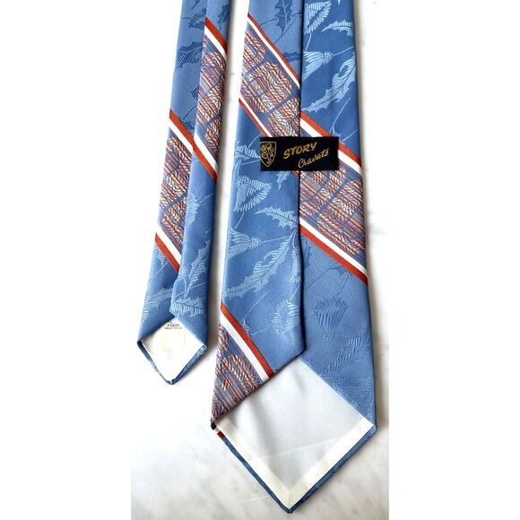 Story Cravats Men's Neck Tie Vintage 60s - Wide Textured Blue Orange Tan White - Picture 4 of 5